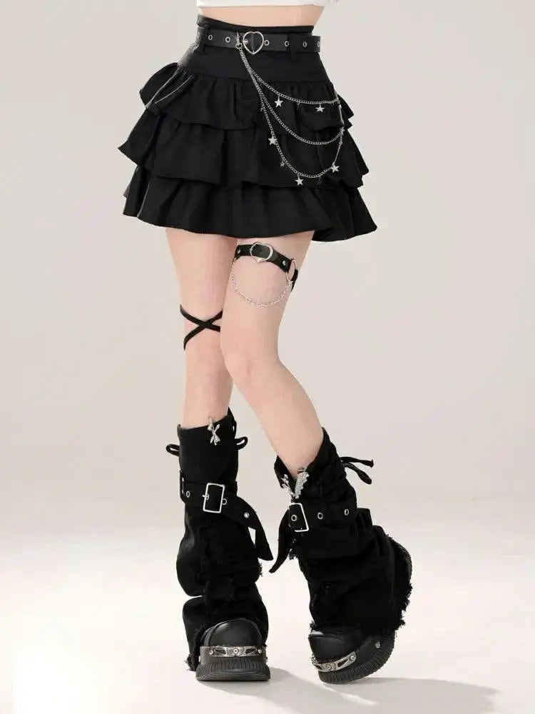 Women Black Gothic A-line Cake Skirt Vintage Y2k Skirt Aesthetic Harajuku Korean Elegant Kawaii Emo Skirts 2000s Trashy Clothes SS69