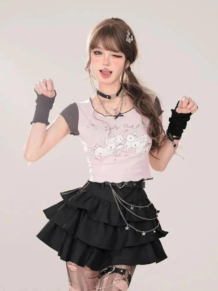 Women Black Gothic A-line Cake Skirt Vintage Y2k Skirt Aesthetic Harajuku Korean Elegant Kawaii Emo Skirts 2000s Trashy Clothes SS69