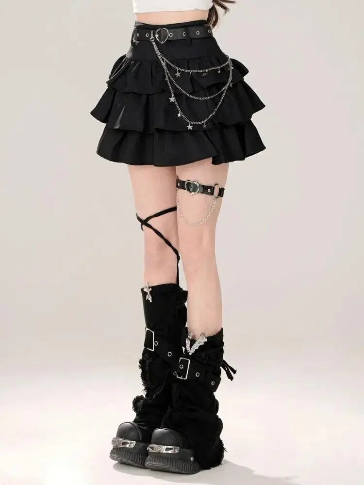 Women Black Gothic A-line Cake Skirt Vintage Y2k Skirt Aesthetic Harajuku Korean Elegant Kawaii Emo Skirts 2000s Trashy Clothes SS69