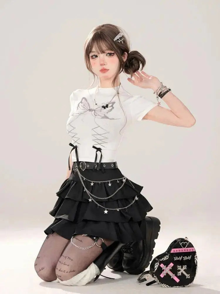 Women Black Gothic A-line Cake Skirt Vintage Y2k Skirt Aesthetic Harajuku Korean Elegant Kawaii Emo Skirts 2000s Trashy Clothes SS69