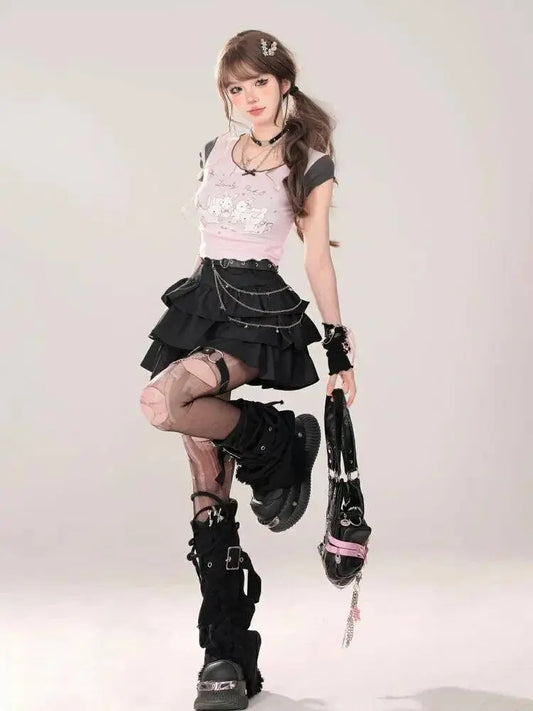 Women Black Gothic A-line Cake Skirt Vintage Y2k Skirt Aesthetic Harajuku Korean Elegant Kawaii Emo Skirts 2000s Trashy Clothes SS69