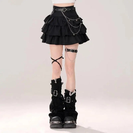 Women Black Gothic A-line Cake Skirt Vintage Y2k Skirt Aesthetic Harajuku Korean Elegant Kawaii Emo Skirts 2000s Trashy Clothes SS69