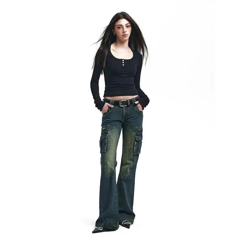 Women Blue Baggy Cargo Jeans Harajuku Y2k 90s Aesthetic High Waist Denim Trouser 2000s Oversize Jean Pants Vintage Clothes SS69