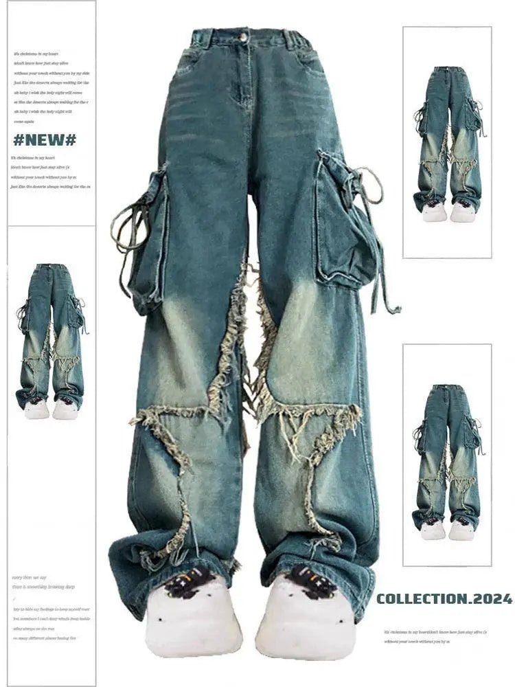 Women Blue Cargo Jeans Baggy Vintage 90s Aesthetic High Waist Cowboy Pants Harajuku Denim Trousers Y2k Trashy 2000s Clothes 2025 SS69