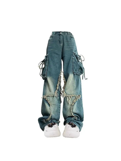 Women Blue Cargo Jeans Baggy Vintage 90s Aesthetic High Waist Cowboy Pants Harajuku Denim Trousers Y2k Trashy 2000s Clothes 2025 SS69