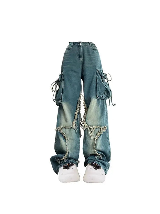 Women Blue Cargo Jeans Baggy Vintage 90s Aesthetic High Waist Cowboy Pants Harajuku Denim Trousers Y2k Trashy 2000s Clothes 2025 SS69