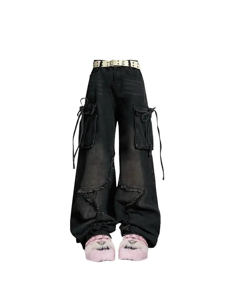 Women Blue Cargo Jeans Baggy Vintage 90s Aesthetic High Waist Cowboy Pants Harajuku Denim Trousers Y2k Trashy 2000s Clothes 2025 SS69