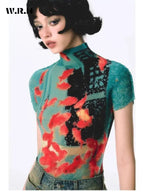 Women Bodycon T-Shirts Short Sleeve Tie Dye Tees Stretch Crop Tops Goblin Core 2000s Coquette Gyaru Aesthetic Kpop Kawaii Summe SS69