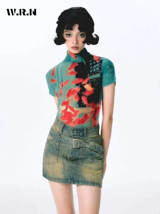 Women Bodycon T-Shirts Short Sleeve Tie Dye Tees Stretch Crop Tops Goblin Core 2000s Coquette Gyaru Aesthetic Kpop Kawaii Summe SS69