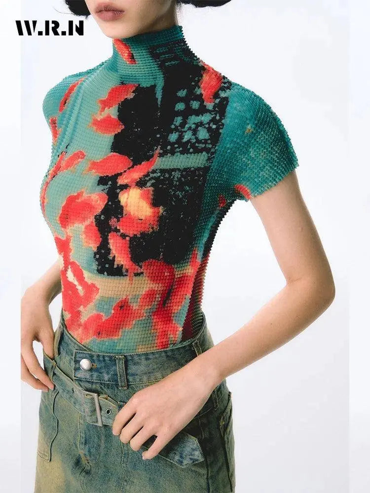 Women Bodycon T-Shirts Short Sleeve Tie Dye Tees Stretch Crop Tops Goblin Core 2000s Coquette Gyaru Aesthetic Kpop Kawaii Summe SS69