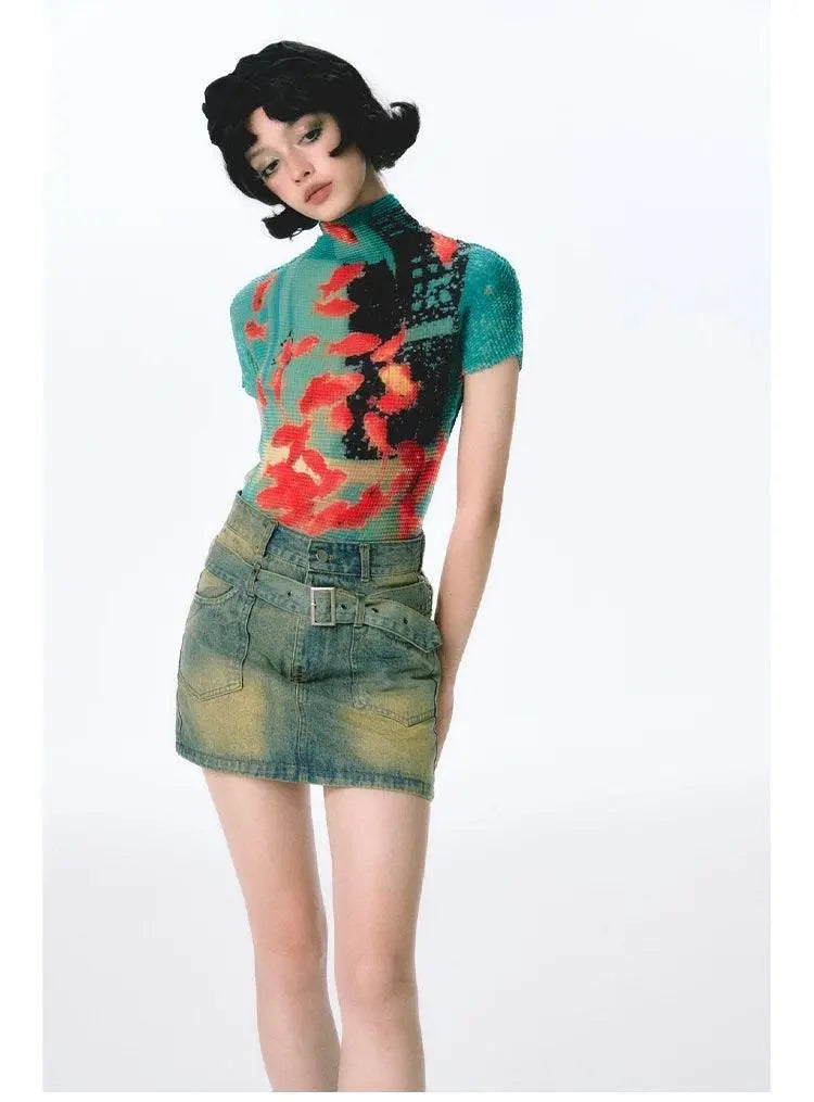 Women Bodycon T-Shirts Short Sleeve Tie Dye Tees Stretch Crop Tops Goblin Core 2000s Coquette Gyaru Aesthetic Kpop Kawaii Summe SS69