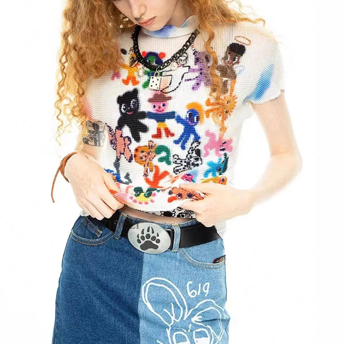 Women Bodycon T-Shirts Short Sleeve Tie Dye Tees Stretch Crop Tops Goblin Core 2000s Coquette Gyaru Aesthetic Kpop Kawaii Summe SS69