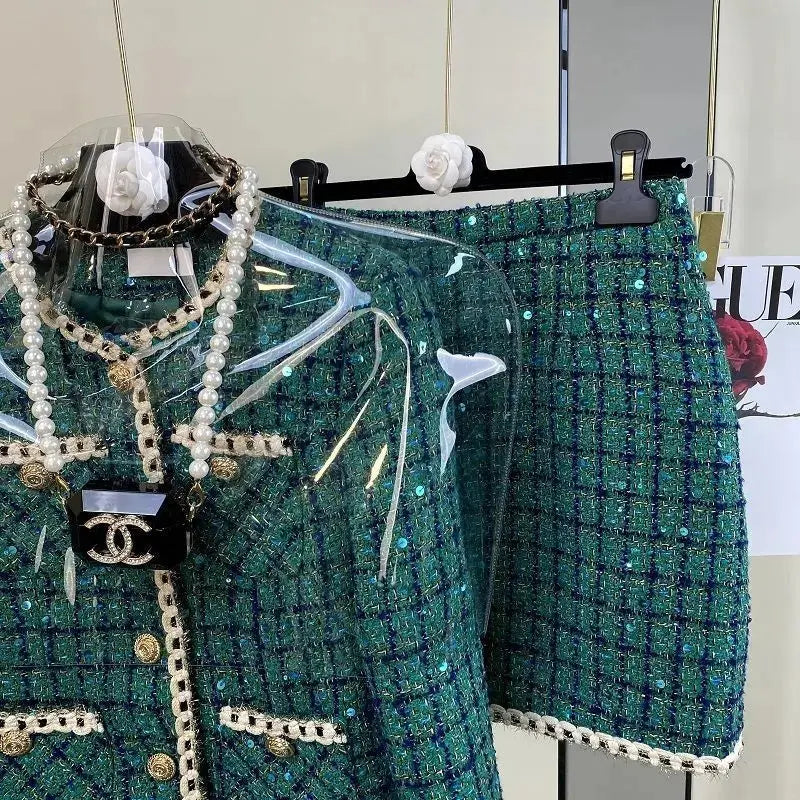 Women Elegant Vintage Tweed Fragrant Suit Jacke Coat Top And Skirt Two Piece Set Green Outfit Winter Jacquard Party Clothing SS69