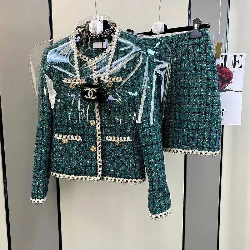 Women Elegant Vintage Tweed Fragrant Suit Jacke Coat Top And Skirt Two Piece Set Green Outfit Winter Jacquard Party Clothing SS69
