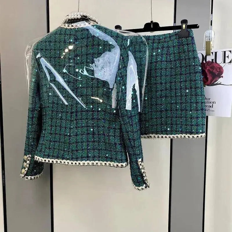 Women Elegant Vintage Tweed Fragrant Suit Jacke Coat Top And Skirt Two Piece Set Green Outfit Winter Jacquard Party Clothing SS69