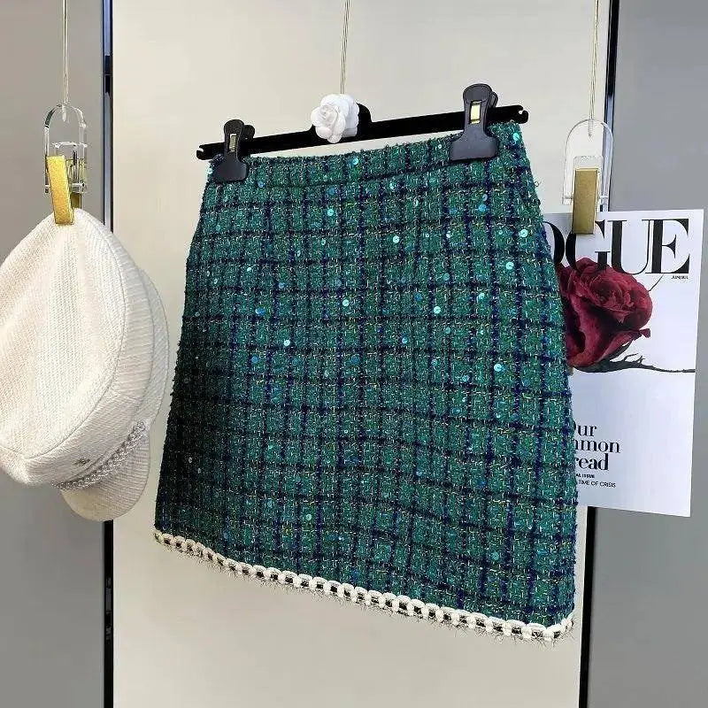 Women Elegant Vintage Tweed Fragrant Suit Jacke Coat Top And Skirt Two Piece Set Green Outfit Winter Jacquard Party Clothing SS69