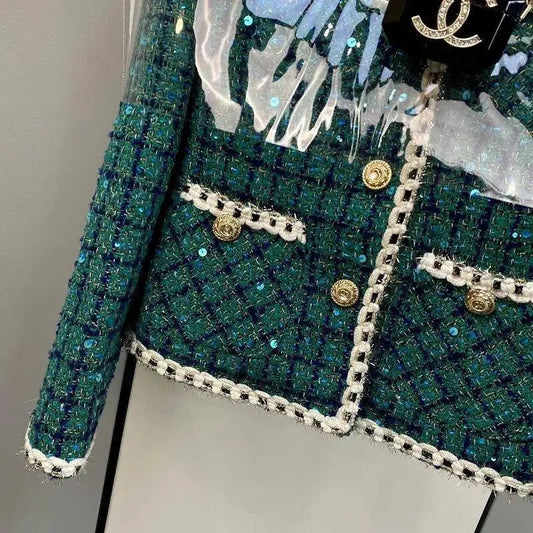 Women Elegant Vintage Tweed Fragrant Suit Jacke Coat Top And Skirt Two Piece Set Green Outfit Winter Jacquard Party Clothing SS69