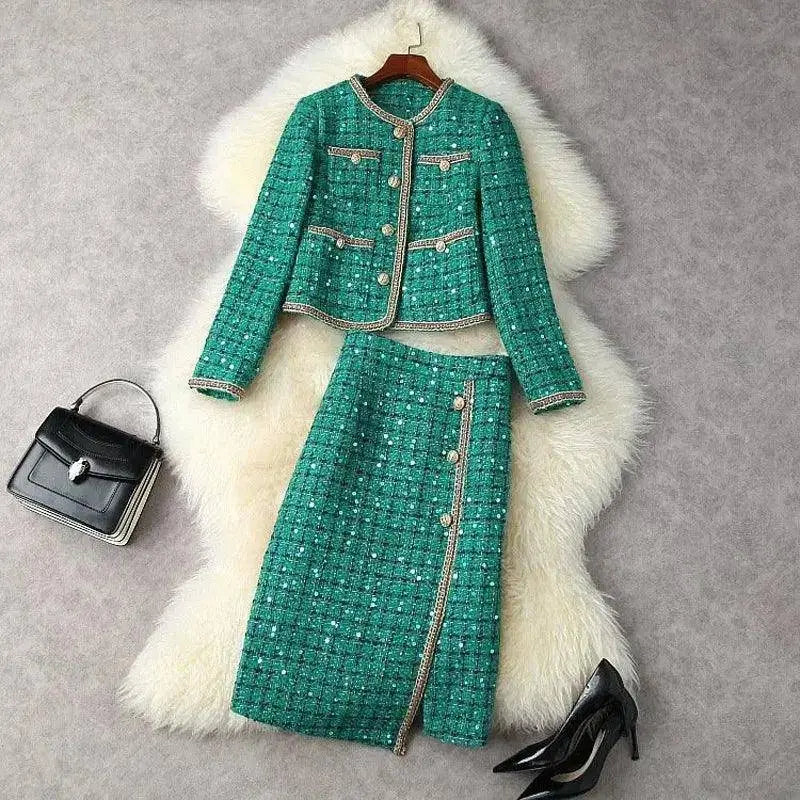 Women Elegant Vintage Tweed Fragrant Suit Jacke Coat Top And Skirt Two Piece Set Green Outfit Winter Jacquard Party Clothing SS69