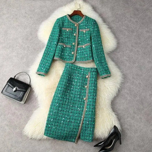 Women Elegant Vintage Tweed Fragrant Suit Jacke Coat Top And Skirt Two Piece Set Green Outfit Winter Jacquard Party Clothing SS69