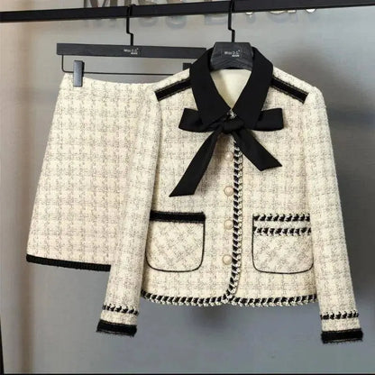 Women Elegant Vintage Tweed Fragrant Suit Jacke Coat Top And Skirt Two Piece Set Green Outfit Winter Jacquard Party Clothing SS69