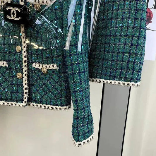 Women Elegant Vintage Tweed Fragrant Suit Jacke Coat Top And Skirt Two Piece Set Green Outfit Winter Jacquard Party Clothing SS69