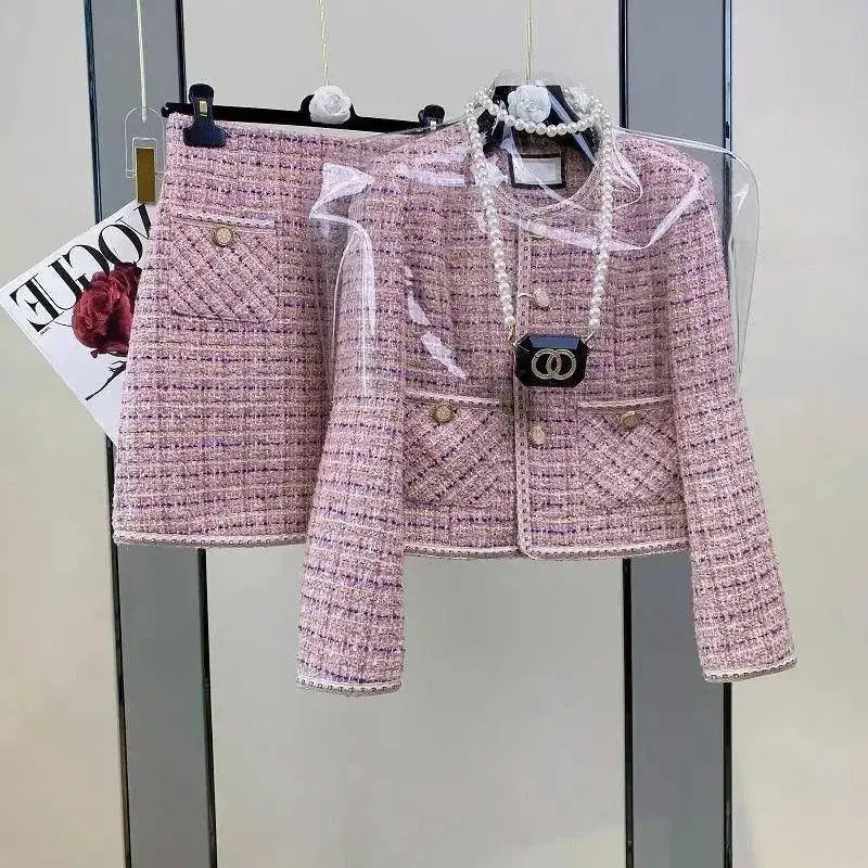 Women Elegant Vintage Tweed Fragrant Suit Jacke Coat Top And Skirt Two Piece Set Green Outfit Winter Jacquard Party Clothing SS69