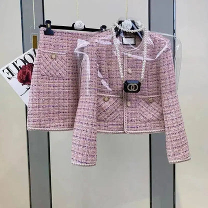 Women Elegant Vintage Tweed Fragrant Suit Jacke Coat Top And Skirt Two Piece Set Green Outfit Winter Jacquard Party Clothing SS69