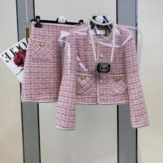 Women Elegant Vintage Tweed Fragrant Suit Jacke Coat Top And Skirt Two Piece Set Green Outfit Winter Jacquard Party Clothing SS69