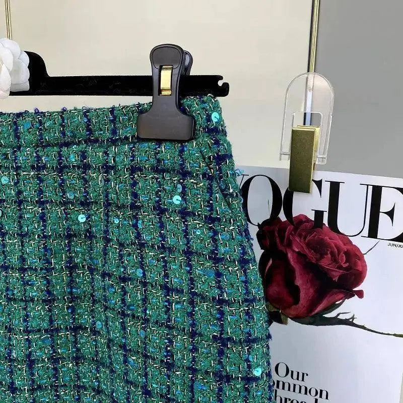 Women Elegant Vintage Tweed Fragrant Suit Jacke Coat Top And Skirt Two Piece Set Green Outfit Winter Jacquard Party Clothing SS69