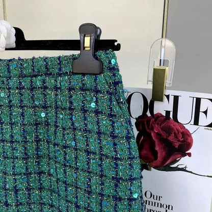 Women Elegant Vintage Tweed Fragrant Suit Jacke Coat Top And Skirt Two Piece Set Green Outfit Winter Jacquard Party Clothing SS69