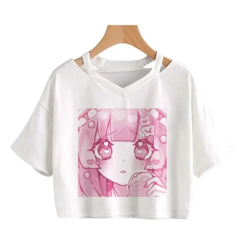 Women Fashion Cute Clothes Kawaii Print Tee Punk Short Sleeve T-Shirt Casual Loose Pink Anime Graphic V-Neck Crop Top Streetwear - SS69