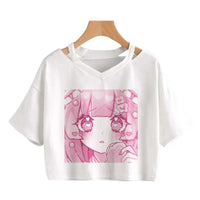Women Fashion Cute Clothes Kawaii Print Tee Punk Short Sleeve T-Shirt Casual Loose Pink Anime Graphic V-Neck Crop Top Streetwear - SS69