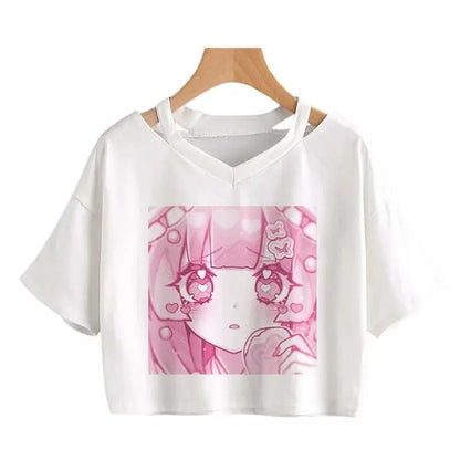 Women Fashion Cute Clothes Kawaii Print Tee Punk Short Sleeve T-Shirt Casual Loose Pink Anime Graphic V-Neck Crop Top Streetwear - SS69