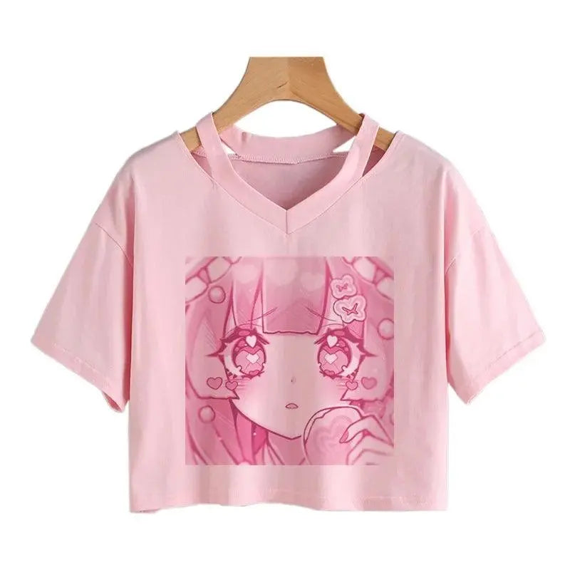 Women Fashion Cute Clothes Kawaii Print Tee Punk Short Sleeve T-Shirt Casual Loose Pink Anime Graphic V-Neck Crop Top Streetwear - SS69