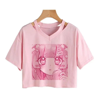 Women Fashion Cute Clothes Kawaii Print Tee Punk Short Sleeve T-Shirt Casual Loose Pink Anime Graphic V-Neck Crop Top Streetwear - SS69