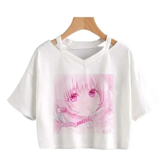 Women Fashion Cute Clothes Kawaii Print Tee Punk Short Sleeve T-Shirt Casual Loose Pink Anime Graphic V-Neck Crop Top Streetwear - SS69