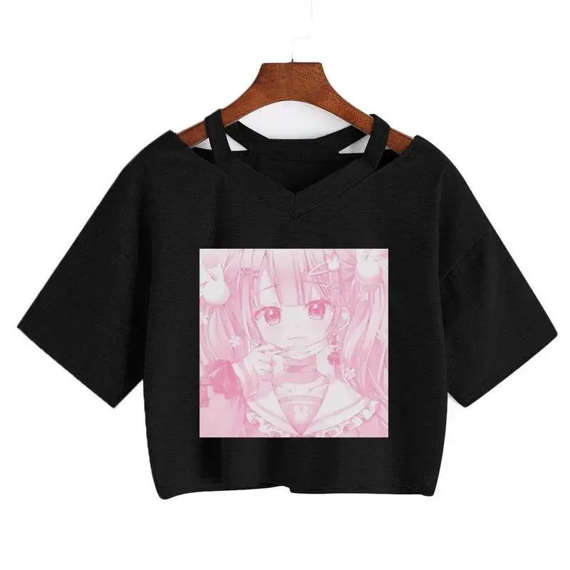 Women Fashion Cute Clothes Kawaii Print Tee Punk Short Sleeve T-Shirt Casual Loose Pink Anime Graphic V-Neck Crop Top Streetwear - SS69