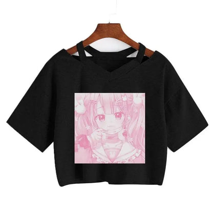 Women Fashion Cute Clothes Kawaii Print Tee Punk Short Sleeve T-Shirt Casual Loose Pink Anime Graphic V-Neck Crop Top Streetwear - SS69