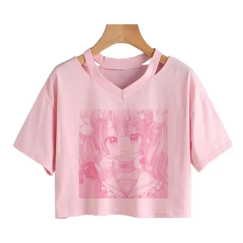 Women Fashion Cute Clothes Kawaii Print Tee Punk Short Sleeve T-Shirt Casual Loose Pink Anime Graphic V-Neck Crop Top Streetwear - SS69