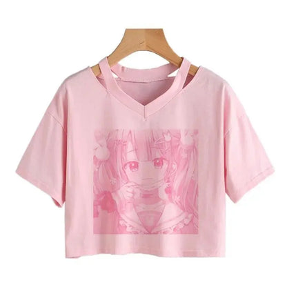 Women Fashion Cute Clothes Kawaii Print Tee Punk Short Sleeve T-Shirt Casual Loose Pink Anime Graphic V-Neck Crop Top Streetwear - SS69