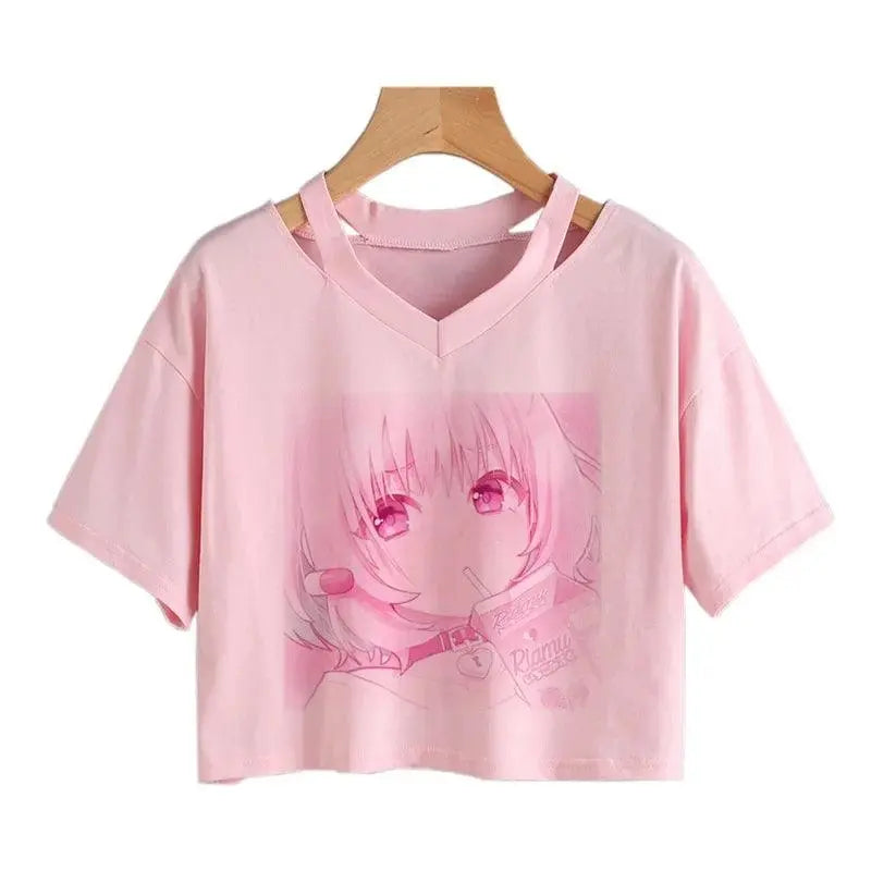 Women Fashion Cute Clothes Kawaii Print Tee Punk Short Sleeve T-Shirt Casual Loose Pink Anime Graphic V-Neck Crop Top Streetwear - SS69