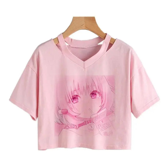 Women Fashion Cute Clothes Kawaii Print Tee Punk Short Sleeve T-Shirt Casual Loose Pink Anime Graphic V-Neck Crop Top Streetwear - SS69