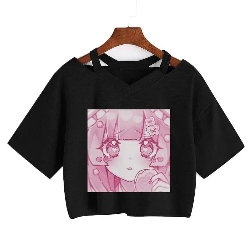 Women Fashion Cute Clothes Kawaii Print Tee Punk Short Sleeve T-Shirt Casual Loose Pink Anime Graphic V-Neck Crop Top Streetwear - SS69