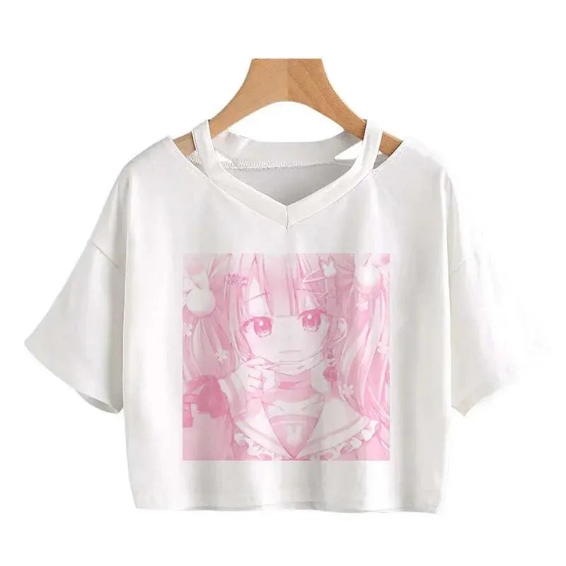 Women Fashion Cute Clothes Kawaii Print Tee Punk Short Sleeve T-Shirt Casual Loose Pink Anime Graphic V-Neck Crop Top Streetwear - SS69