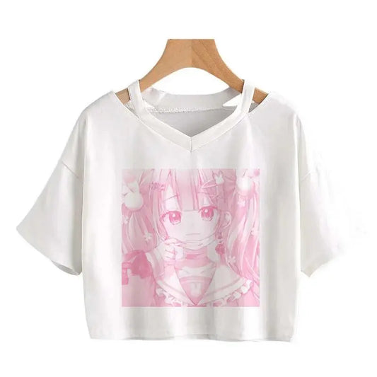Women Fashion Cute Clothes Kawaii Print Tee Punk Short Sleeve T-Shirt Casual Loose Pink Anime Graphic V-Neck Crop Top Streetwear - SS69
