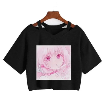 Women Fashion Cute Clothes Kawaii Print Tee Punk Short Sleeve T-Shirt Casual Loose Pink Anime Graphic V-Neck Crop Top Streetwear - SS69