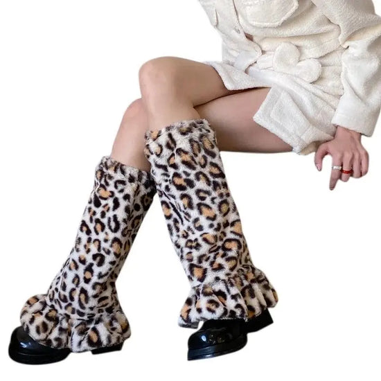 Women Harajuku Plush Leg Warmers Leopard Print Ruffled Baggy Foot Cover Socks.
