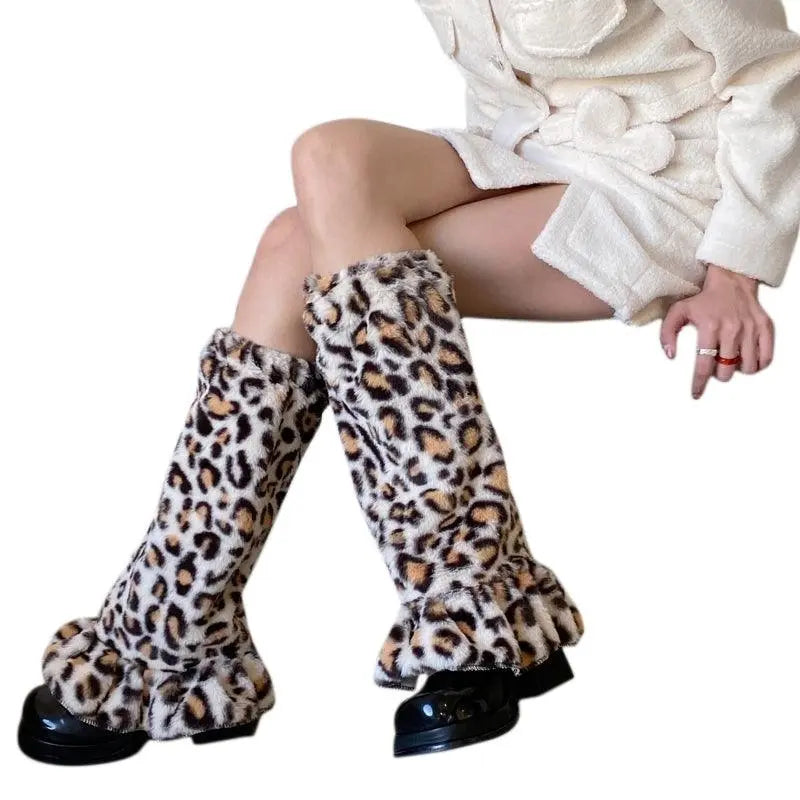 Women Harajuku Plush Leg Warmers Leopard Print Ruffled Baggy Foot Cover Socks.