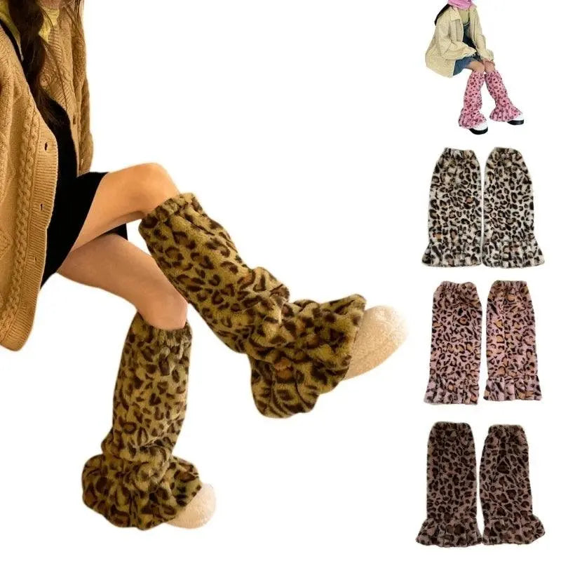 Women Harajuku Plush Leg Warmers Leopard Print Ruffled Baggy Foot Cover Socks.
