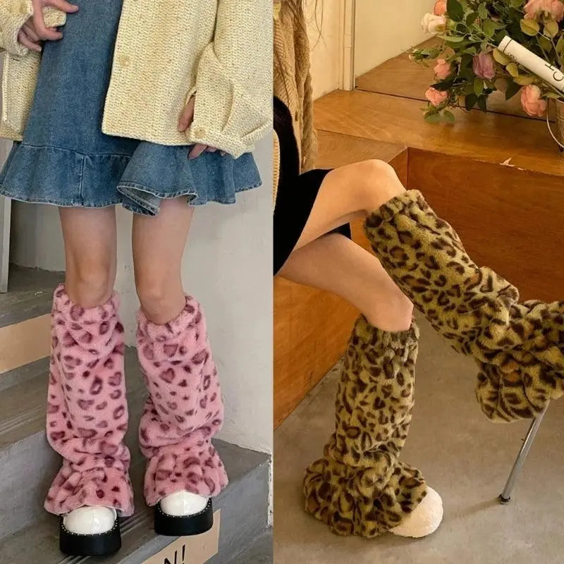Women Harajuku Plush Leg Warmers Leopard Print Ruffled Baggy Foot Cover Socks.